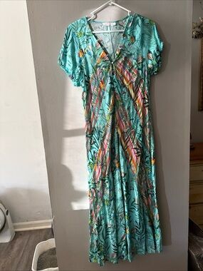 Johnny Was Women's  M  Taina Dress Paneled CoverUp Turquoise Colorful Birds A26